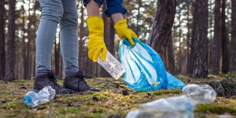 Person sammelt Plastikmüll im Wald