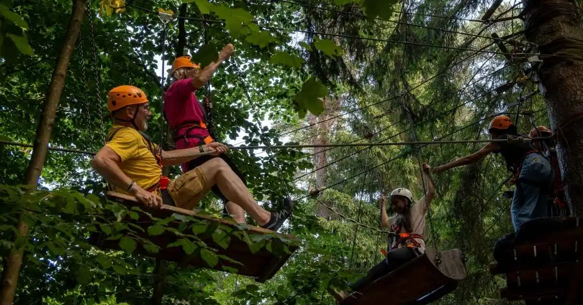 Gruppe Pat:inne n und Kinder beim Ausflug in den Kletterwald